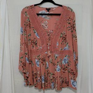 Torrid Dusty Coral Floral Crinkle Gauze & Crochet Babydoll Top